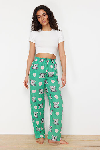 Trendyol Collection Zöld-többszínű állatmintás viszkóz szőtt pizsama alsó THMSS24PJ00033