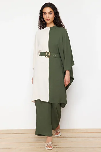 Trendyol Modest Khaki Color Blocked Waist Belted Tunic-Pants Woven Suit TCTSS23US00046