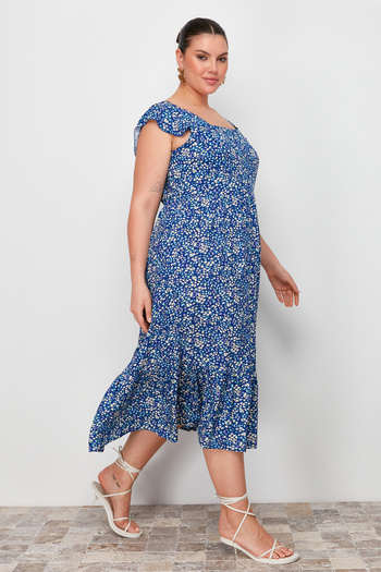 Trendyol Curve Navy Blue A-line Midi Ruffle Floral Print Woven Dress TBBSS24AH00169