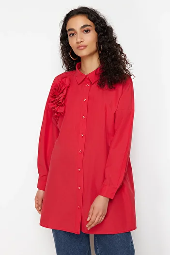 Trendyol Modest Red Applique Flower Detailed Cotton Woven Shirt TCTSS24TG00030