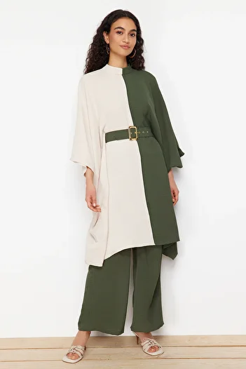 Trendyol Modest Khaki Color Blocked Waist Belted Tunic-Pants Woven Suit TCTSS23US00046