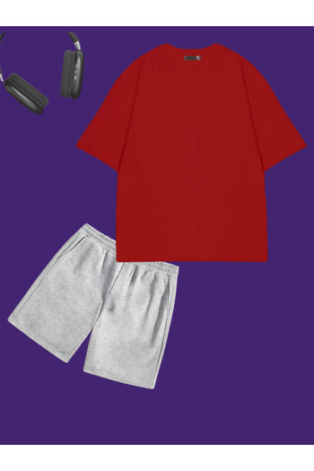 Boi Plain Basic Unprinted Oversize Combed Cotton T-shirt-Regular Fit Shorts Two Pieces T-Shirt-Shorts Set-Bottom-Top Set