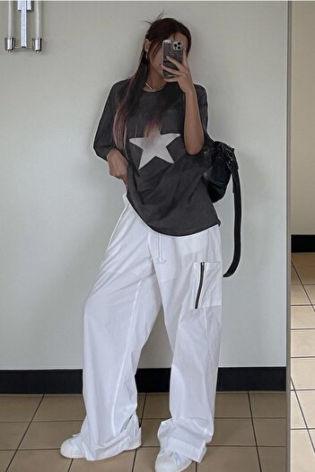 MODAGEN Unisex Antrasit Bisiklet Yaka Yıldız Baskılı Oversize T-Shirt
