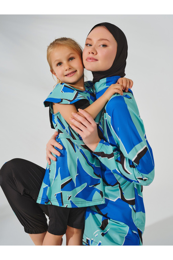 ALFASA Patterned Children's Swimsuit with Zero Sleeve and Flywheel Detail