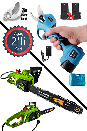 Millian Profesyonel 4200 W Elektrikli Zincirli Testere + 948 Vf Şarjlı Çift Akü Ağaç Dal Budama Kesme Makası