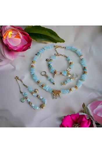 Denis Bujiteri Women's Necklace, Bracelet and Earrings Set in Blue Quartz Stones with Anklet Gift