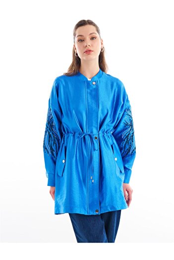 Kayra Embroidered Adjustable Waist Jacket Sky Blue