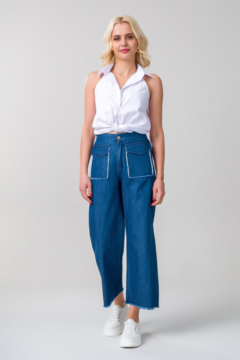 Bold & Young Women's indigo Color Flap Pocket Filthy Stitching Wide Leg Elastic Waist Thin Jeans
