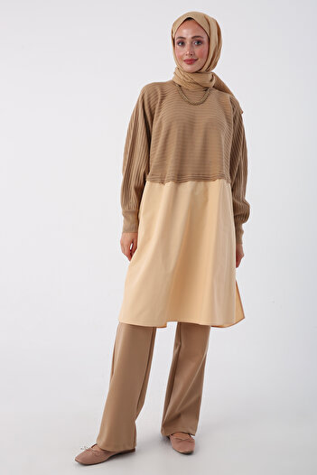 ALLDAY Bej01 Woven Garnished Knitwear Tunic