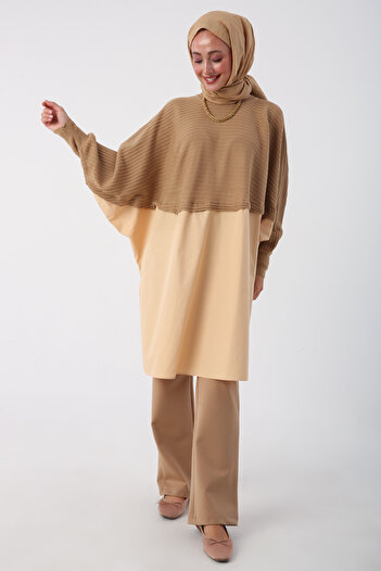 ALLDAY Bej01 Woven Garnished Knitwear Tunic