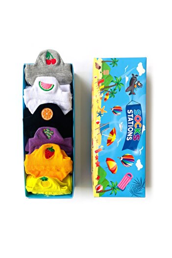 Socks Stations Кутия с 3 чифта кратки чорапи с бродерия на плодове, 6 броя в опаковка
