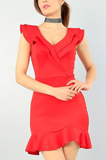 lovebox Women's Flexible Crepe Fabric Flounce Detailed V-Neck Low-Rise Red Mini Dress