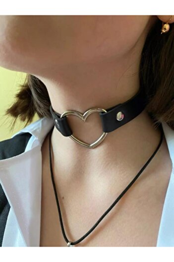 AlpCollection Black Leather Chocker Heart Choker Necklace Jewelry 35 cm