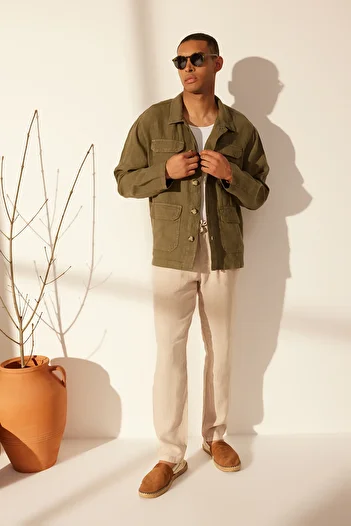 Trendyol Collection Premium Khaki Linen - Regular Fit Multi Pocket Jacket Tmnss24Ce00006