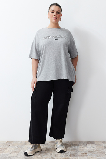 Trendyol Curve Oversize Gray Melange Printed Cotton T-Shirt - Tbbss24Bf00020