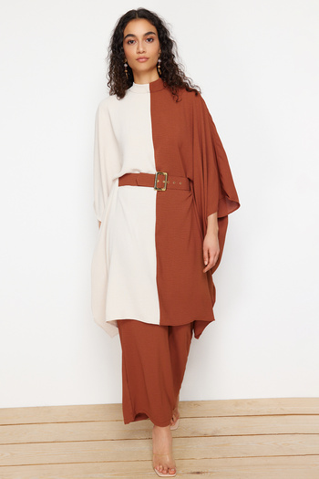 Trendyol Modest Κουστούμι υφαντό με ζώνη με ζώνη κανέλας - παντελόνι TCTSS23US00046
