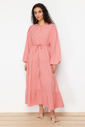 Trendyol Modest Λεπτομερές υφασμένο φόρεμα με αποξηραμένο τριαντάφυλλο και γραβάτα μέσης TCTSS24EB00163