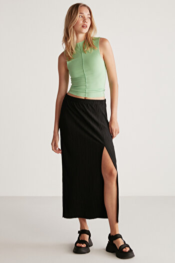 ETHIQUET Vanessa Women's Pleated Fabric Slit Detailed Long Pencil Relaxed Fit Black Skirt