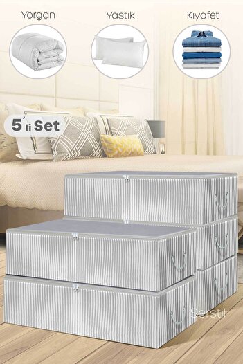 Serstil 5 Pieces - Mega Size Anthracite Striped Storage Bag Under Plinth 74 x 46 x 22 cm