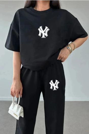 Revasser Unisex Men's/Women's NY Custom Printed Colorful Cotton Oversize Jogger T-shirt Bottom Top Set