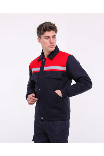 Çamdalı İş Elbiseleri Work Clothes with Pockets - Work Coat - Navy Blue Winter Worker's Coat with 7/7 Quilted Red Robe