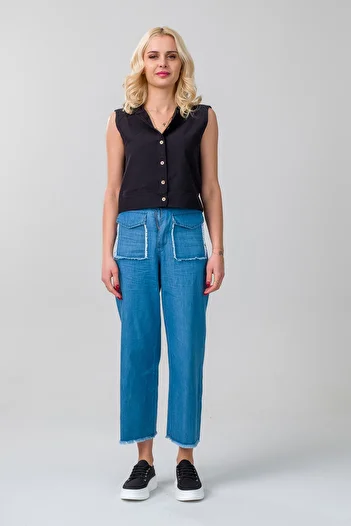Bold & Young Women's indigo Color Flap Pocket Filthy Stitching Wide Leg Elastic Waist Thin Jeans