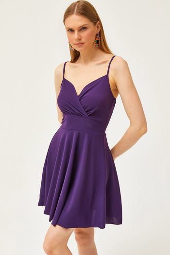 Olalook Women's Purple Strap Double Breasted Collar Flared Dress AEL-00000004