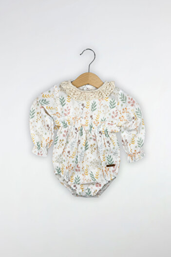 Globaby Floral Patterned Linen Collar Lace Girl's Romper