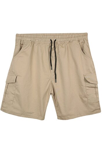 marufshop Men's Large Size 100-156 Gabardine Shorts with Cargo Pockets Suitable for Weight Between Beige