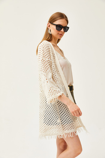 Olalook Women's Ecru Butterfly Patterned Openwork Frilly Knitwear Cardigan HRK-19000284