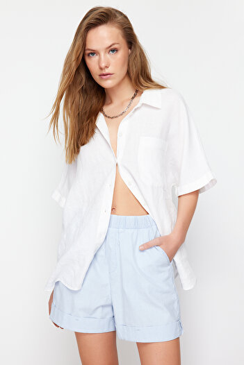 Trendyol Collection Light Blue Elastic Waist Chambre Denim Shorts Twoss24Sr00078