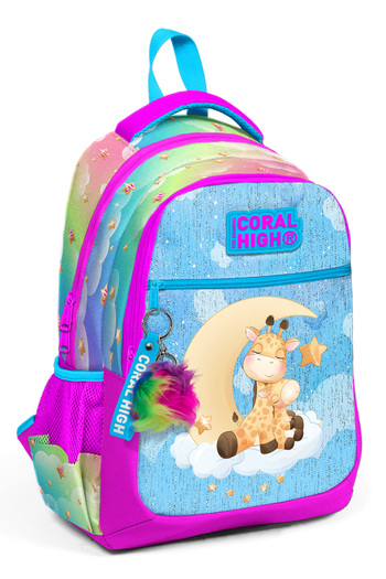 Coral High Kids Blue Pink Giraffe Patterned Three Compartment School Backpack 23479