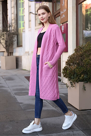 ALCHON V-Neck Diamond Patterned - Long Sleeve and Ankle Elastic Midi Knitwear Winter Cardigan