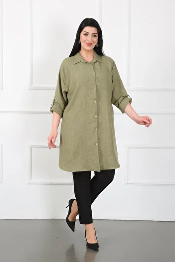 By Alba Collection Women's Khaki Soft Linen Large Size Tunic