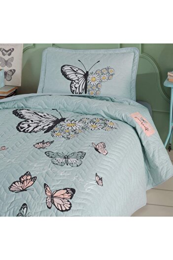 Clasy Ranforce 100% Pamuk Kapitoneli Tek Kişilik Yatak Örtüsü Takımı Daisy Love Mint
