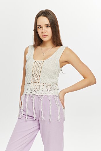 MA ananas Women's Ecru Tasseled Openwork Square Neck Hippie Blouse