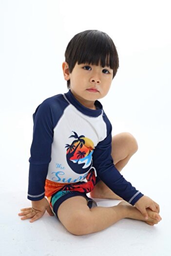 PODIUM GYM NEW SEASON SUMMER PATTERNED KAREOKA STITCHED LONG SLEEVE BOTTOM PARACHUT SHORTS UV PROTECTIONAL SWIMSUIT SET
