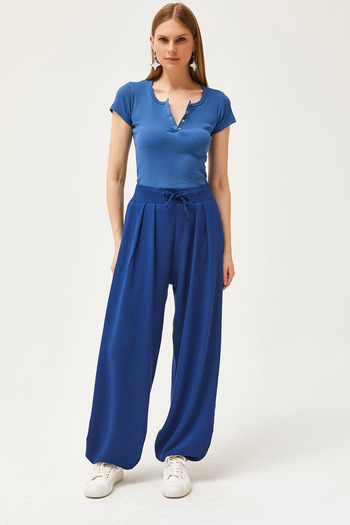 Olalook Women's Navy Blue Lace-Up Soft Textured Flowy Shalwar Trousers PNT-19000273