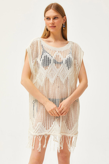 Olalook Women's Ecru Geometric Detailed Tasseled Cotton Knitwear Blouse BLZ-19002573