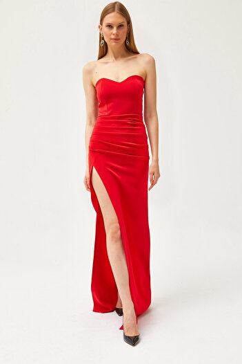 Olalook Women's Red Deep Slit Strapless Long Dress AEL-00000005