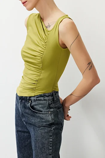 Edit by Trendyol Oil Green Gather Detailed Asymmetrical Knitted Blouse TEDSS24BZ00013