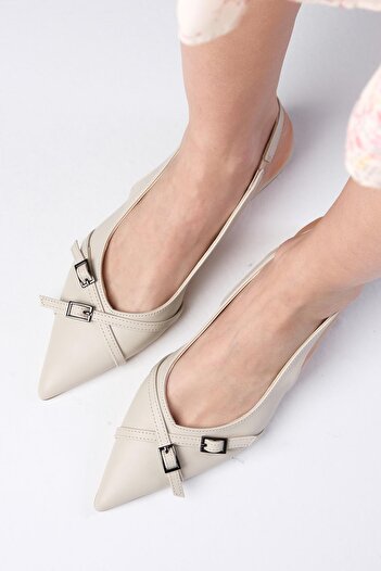 Mio Gusto Leia Beige Color Open Back Pointed Toe Short Heeled Women's Shoes