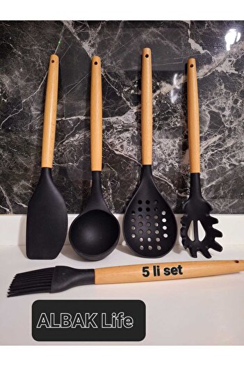 ALBAK Life Bamboo 5 Piece Silicone Spatula Ladle Serving Set