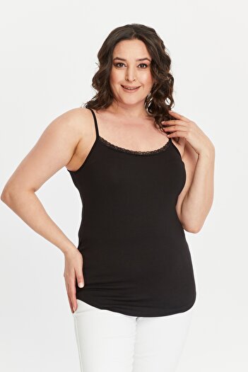 Curvy Trend Plus Size Rope Strap Lace Detailed Oval Slit Blouse