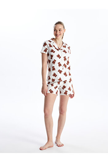 LC Waikiki Patterned Shirt Collar Short Sleeve Shorts Women's Pajamas Set