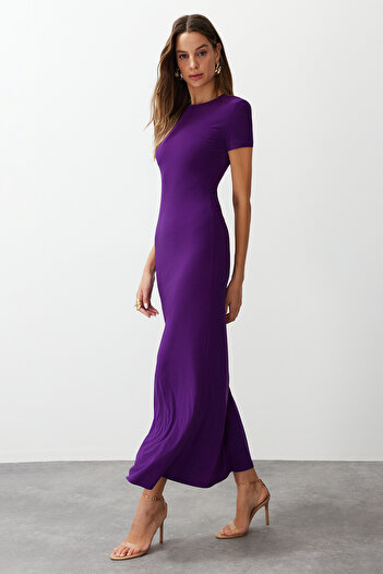 Trendyol Collection Maxi tricotat elastic - Rochie creion mov cu decolteu rotund TWOSS24EL00097