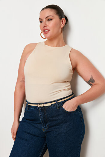 Trendyol Curve Stone Cotton Halter Neck Fitted/Flexible Knitted Athlete Sitting on the Body TBBSS24CV00004