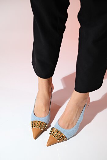 LuviShoes Pantofi cu toc AELLA Denim Blue Tan Troked Toe ascuțit