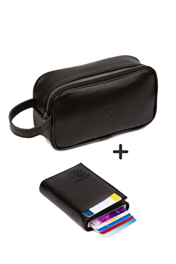 Newish Men's Black Portfolio Shave Handbag Rfid Protected Vegan Leather Wallet and Card Holder