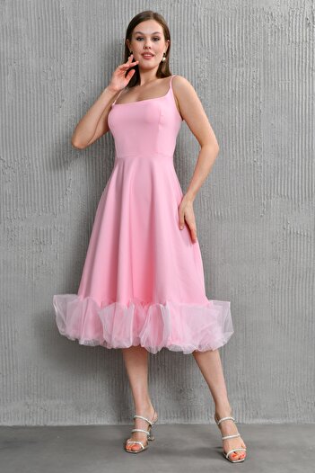 lovebox Atlas Fabric Thin Strap Skirt with Tulle Detail and Flared Cut Midi Length Pink Evening Dress 9326